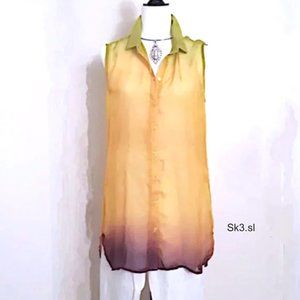 Hand Dyed Silky Rayon Womens Blouse Top Orange Green Purple Color Block, Sz M-L